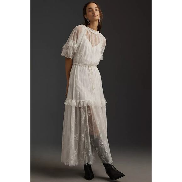 New ANTHROPOLOGIE Let Me Be Short-Sleeve Ruffle Maxi Dress $198 X-SMALL White - Picture 1 of 7